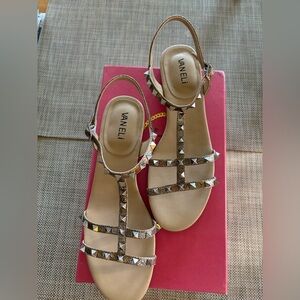 Vaneli Metallic Gold Pyramid-Stud T-Strap Sandals